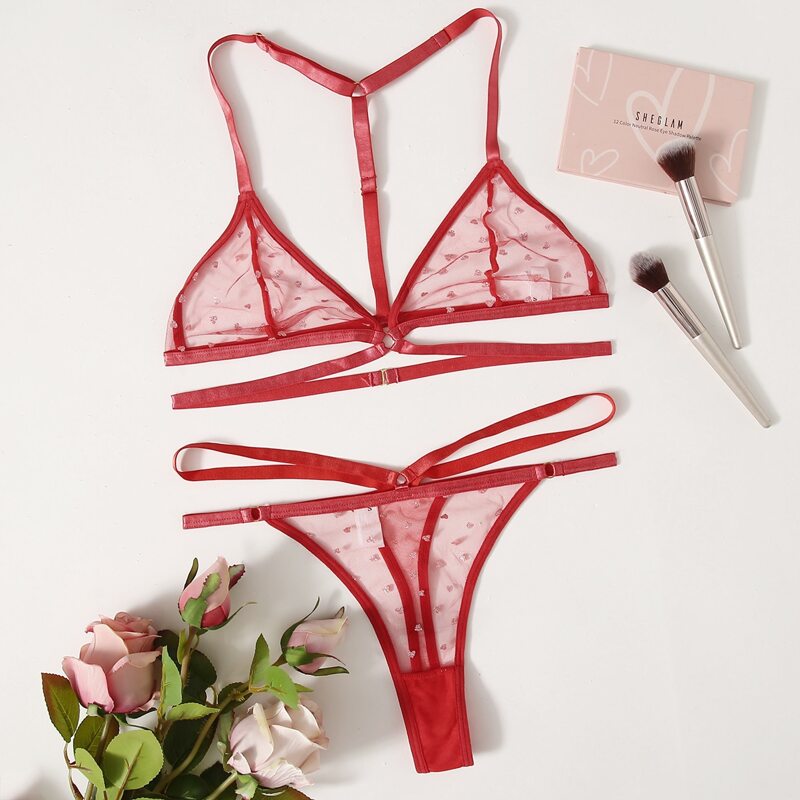 

Contrast Sequin Mesh Harness Lingerie Set, Red