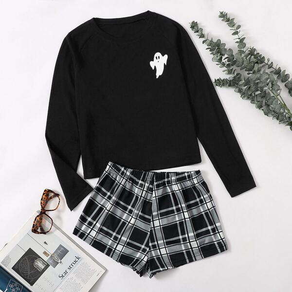 

Cartoon Ghost Print Tee & Plaid Shorts PJ Set, Black