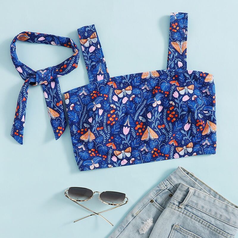 

Floral & Butterfly Print Bikini Top With Headband, Royal blue