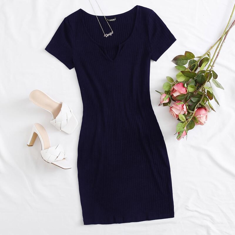 

Notch Neck Rib-knit Bodycon Dress, Navy blue