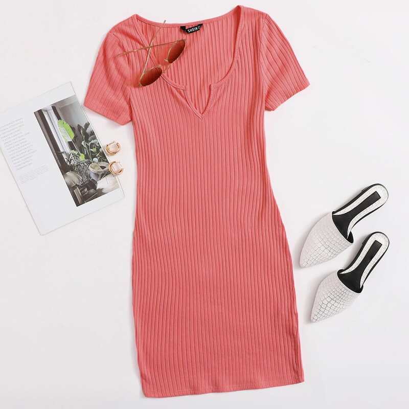 

Notch Neck Rib-knit Dress, Watermelon pink