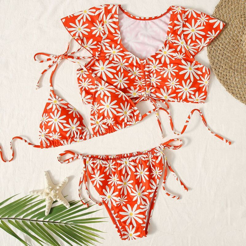 

3pack Daisy Drawstring Tie Side Bikini Swimsuit, Multicolor