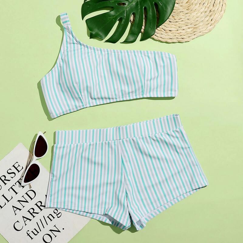 

Stripe One Shoulder Shorts Bikini Swimsuit, Multicolor