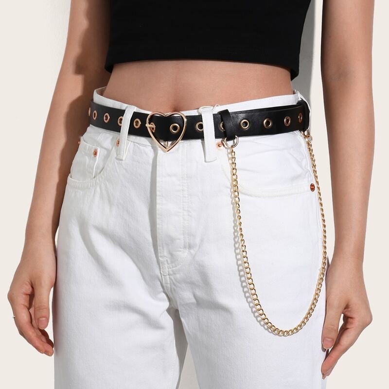 

Eyelet & Chain Decor Heart Buckle Belt, Black
