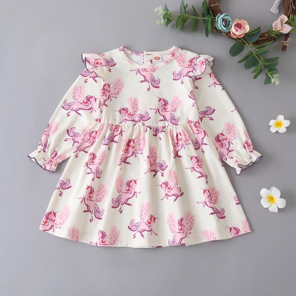 

Baby Girl Unicorn Print Ruffle Trim Flounce Sleeve Dress, Multicolor