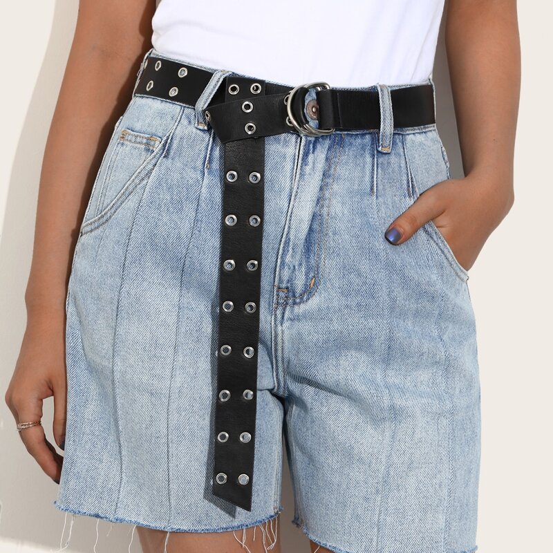 Eyelet Decor PU Buckle Belt, Black