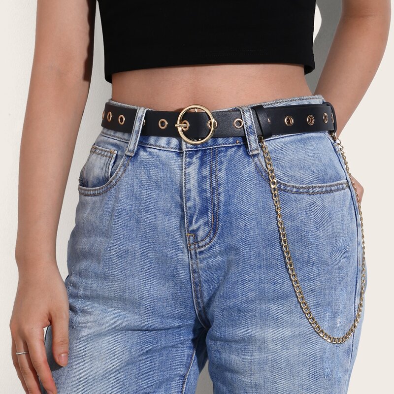 

Eyelet & Chain Decor Buckle Belt, Black