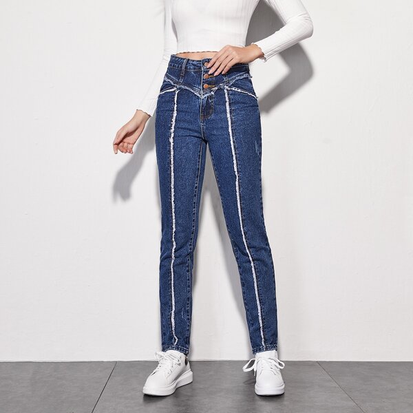 

Button Fly Raw Trim Carrot Jeans, Dark wash