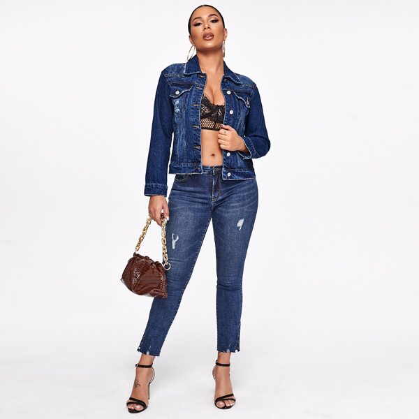 

Flap Pocket Button Front Ripped Denim Jacket, Dark wash
