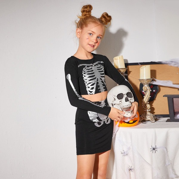 

Girls Skeleton Print Top & Skirt Set, Black
