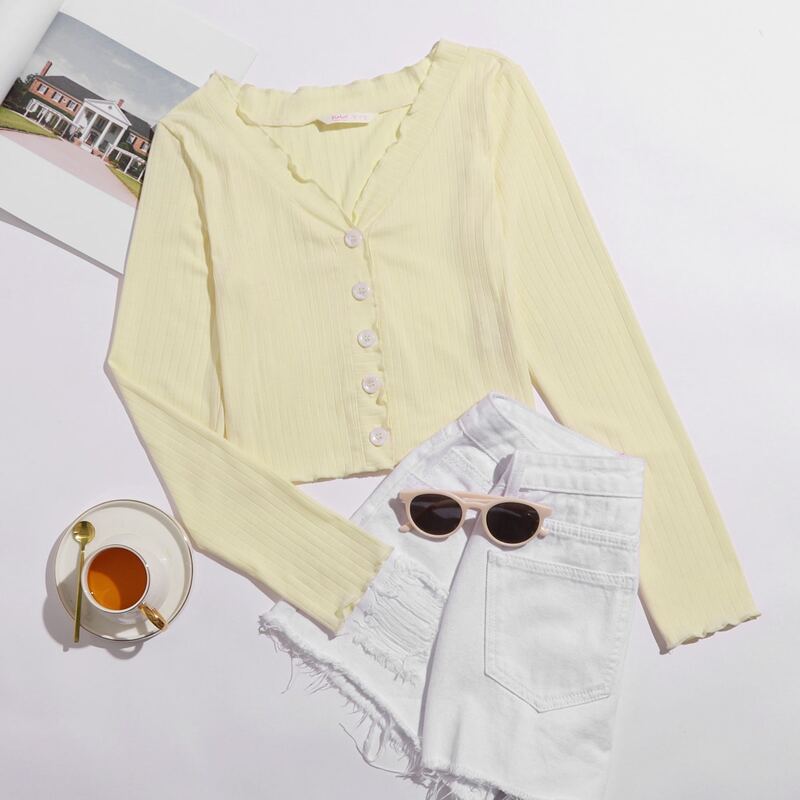 

Lettuce Trim Rib-knit Crop Tee, Yellow pastel