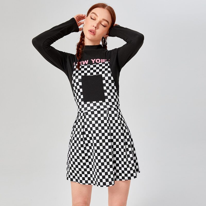 

Checkerboard Print Pocket Pinafore Dress, Black and white