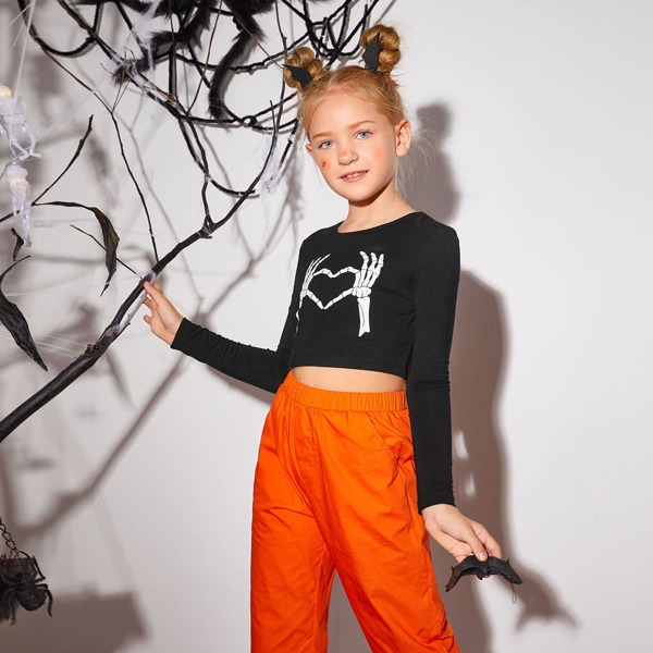 

Girls Hand Bone Print Crop Top, Black