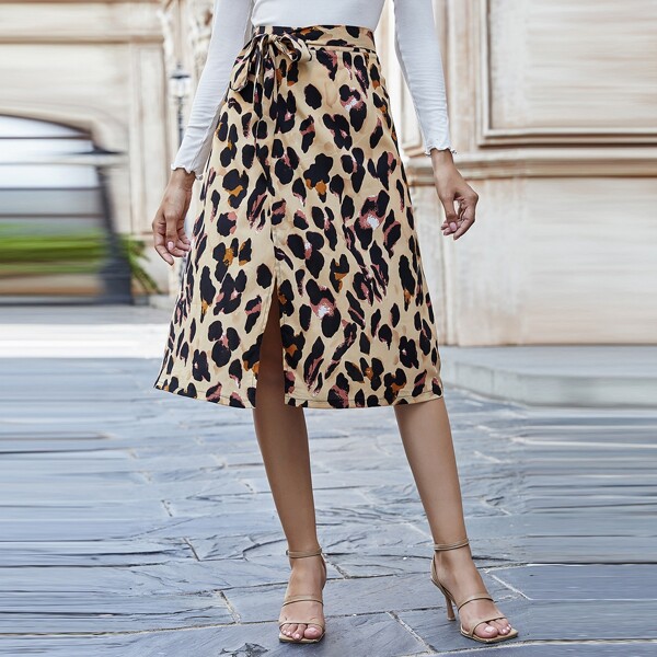 

Leopard Print Knot Front Wrap Skirt, Multicolor