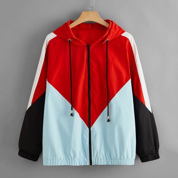 

Plus Colorblock Zip Up Hooded Jacket, Multicolor