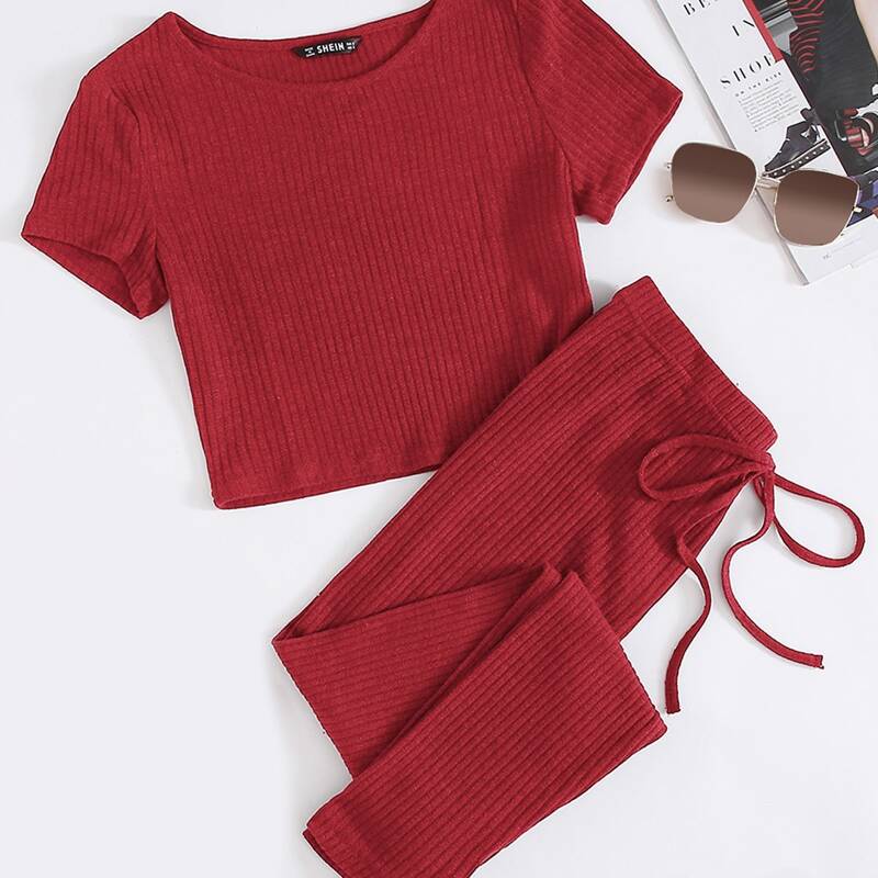 

Rib-knit Top & Knot Waist Leggings Set, Red