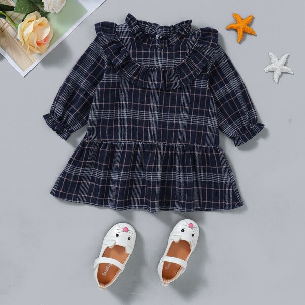 

Baby Girl Tartan Frill Ruffle Smock Dress, Navy blue