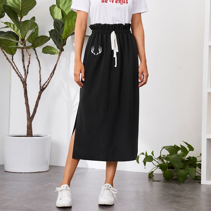 

Graphic Print Knotted Paperbag Waist Skirt, Black