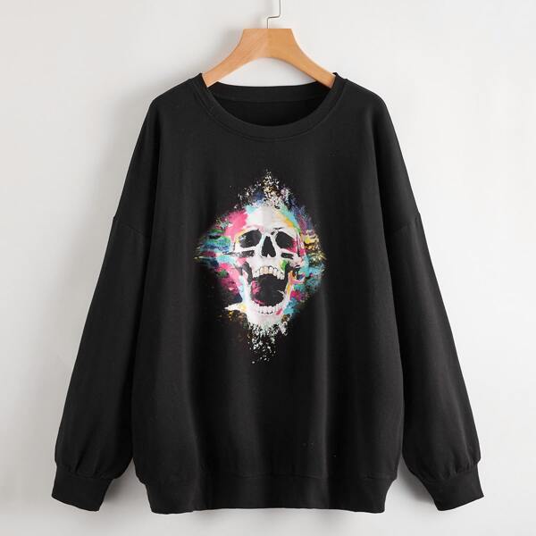 

Skull Graphic Drop Shoulder Oversized Sweatshirt, Black