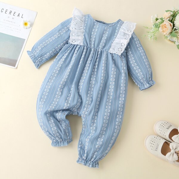 

Baby Girl Striped & Plants Print Eyelet Embroidery Jumpsuit, Baby blue