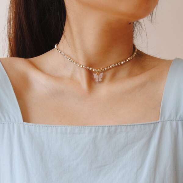 

Butterfly Charm Rhinestone Choker, White