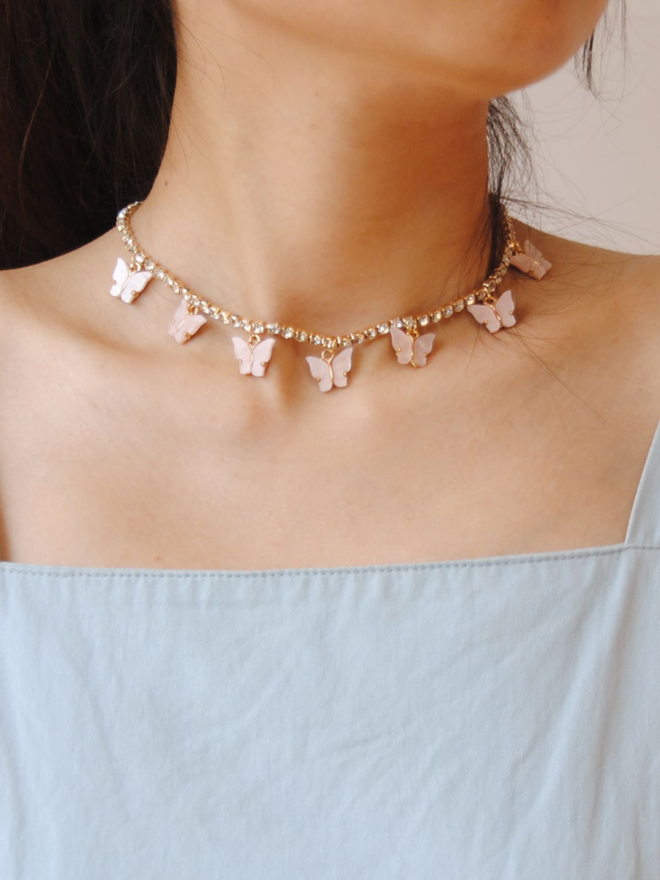 Bướm charm rhinestone vòng cổ - Hồng - Xem 1
