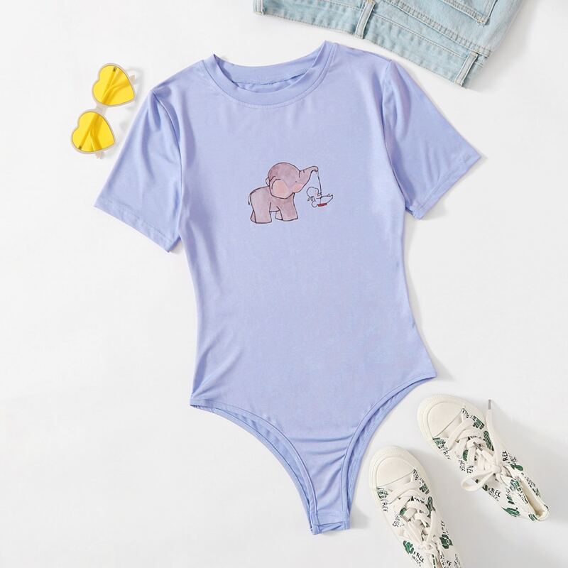 

Cartoon Elephant Graphic Tee Bodysuit, Lilac purple