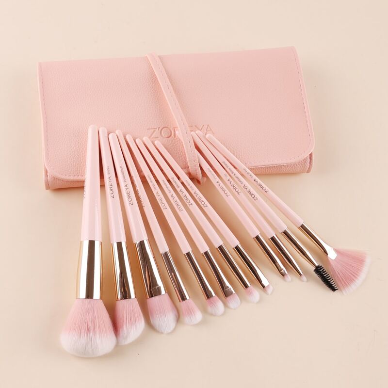 12pcs Soft Makeup Brush & 1pc Storage Bag, Pink