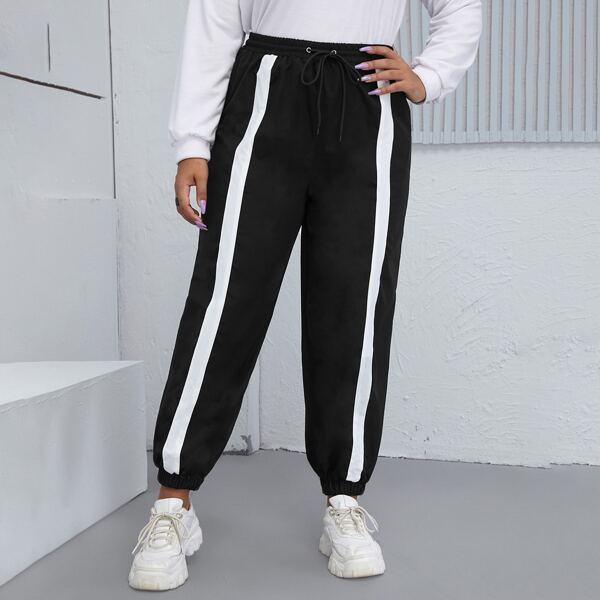 

Plus Contrast Panel Drawstring Sweatpants, Black