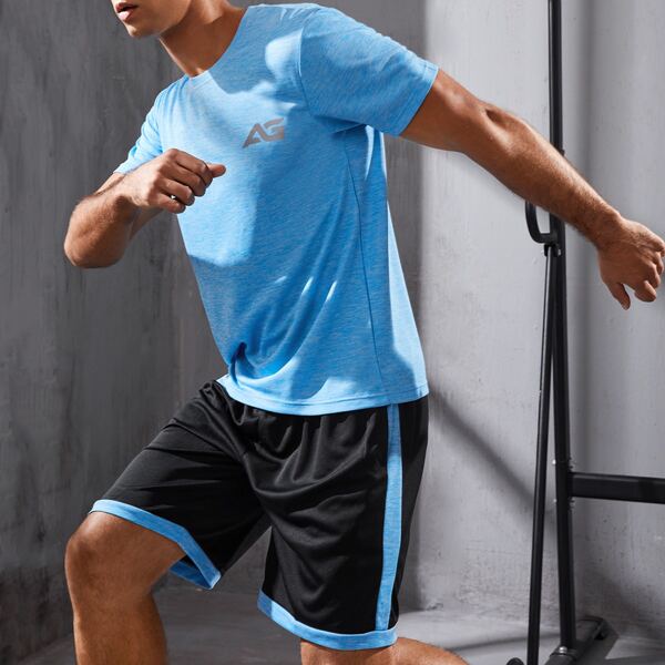 

Men Letter Graphic Sports Tee & Contrast Binding Sports Shorts, Multicolor