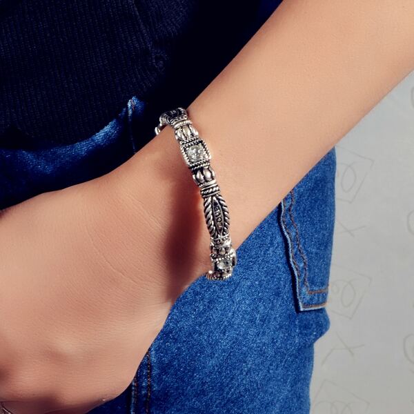 

Men Rhinestone Decor Engraved Bracelet, Antique silver