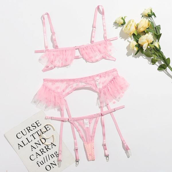 

Dobby Mesh Ruffle Underwire Garter Lingerie Set, Pastel baby pink