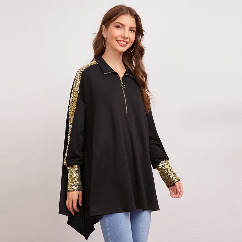 

Contrast Sequin Panel Hanky Hem O-ring Zip Half Placket Sweatshirt, Black