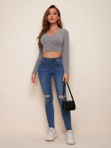 SHEIN Privé Heathered Knit Surplice Neck Cropped Tee - Grey - View 3