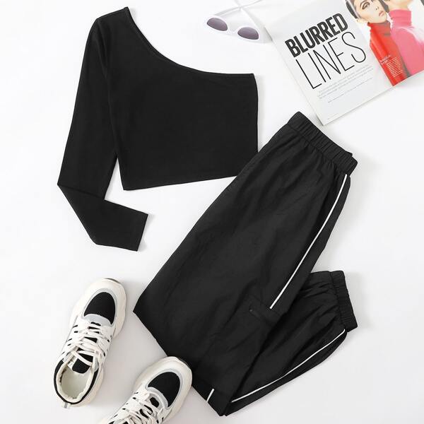 

One Shoulder Tee and Contrast Tipping Cargo Pants Set, Black
