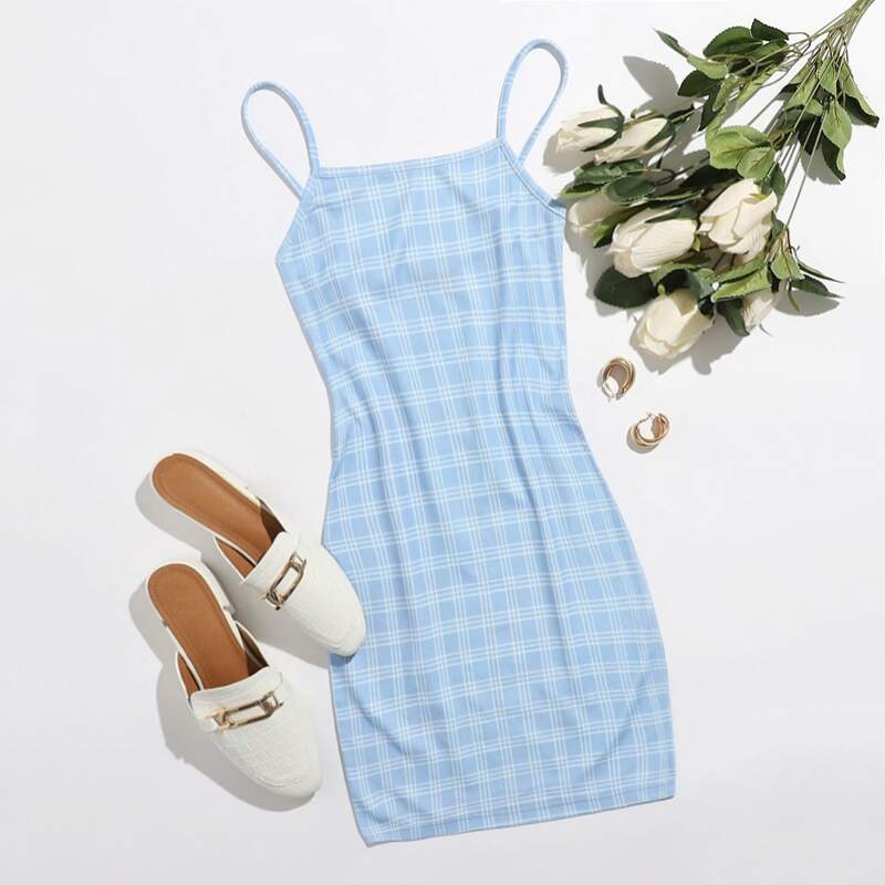 

Plaid Cami Mini Bodycon Dress, Baby blue