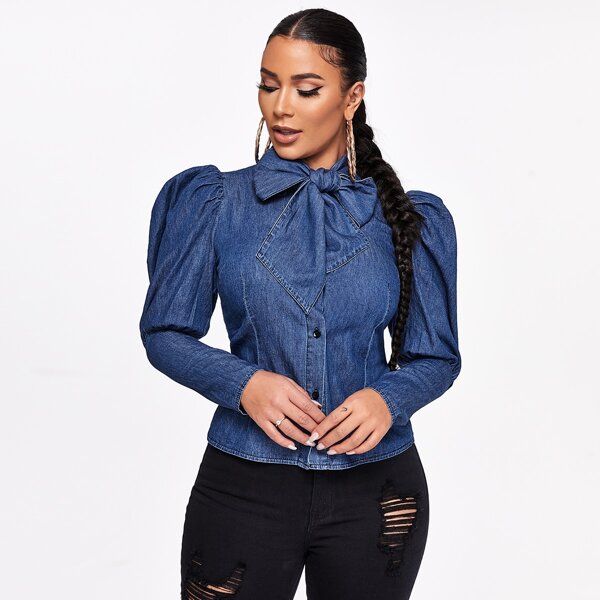 

Tie Neck Gigot Sleeve Button Front Denim Top, Dark wash
