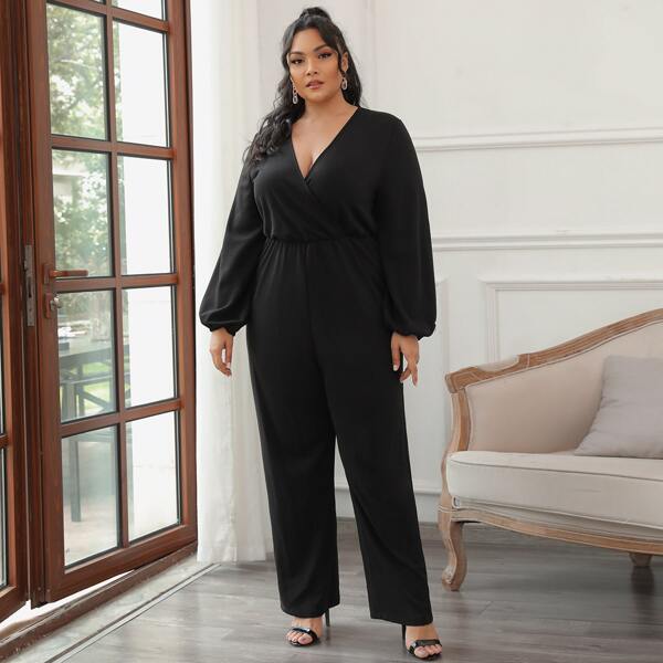 

Plus Surplice Front Bishop Sleeve Culotte Jumpsuit, Black