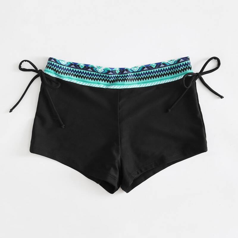 

Geo Print Trim Bikini Shorts, Black