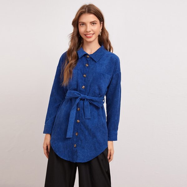 

Button Front Self Belted Pocket Corduroy Coat, Blue
