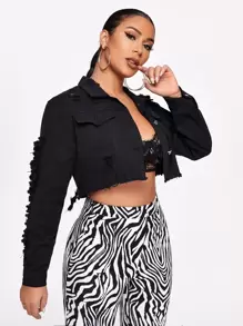 SHEIN Essnce Nút áo khoác denim cắt xén phía trước - màu đen - Xem 1