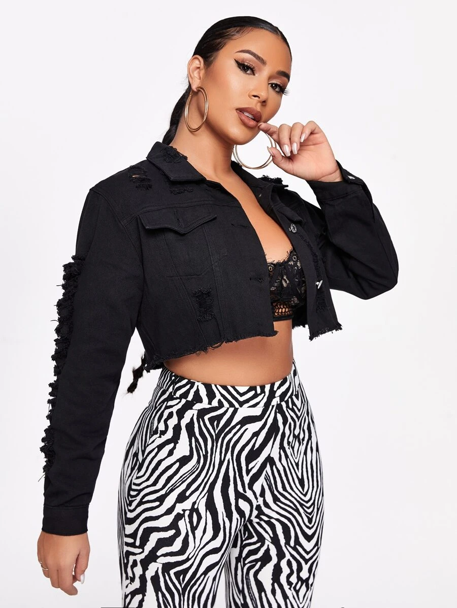 SHEIN Essnce Nút áo khoác denim cắt xén phía trước - màu đen - Xem 1