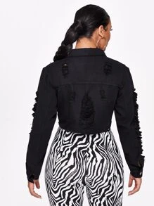 SHEIN Essnce Nút áo khoác denim cắt xén phía trước - màu đen - Xem 2