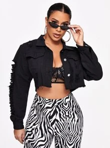 SHEIN Essnce Nút áo khoác denim cắt xén phía trước - màu đen - Xem 5