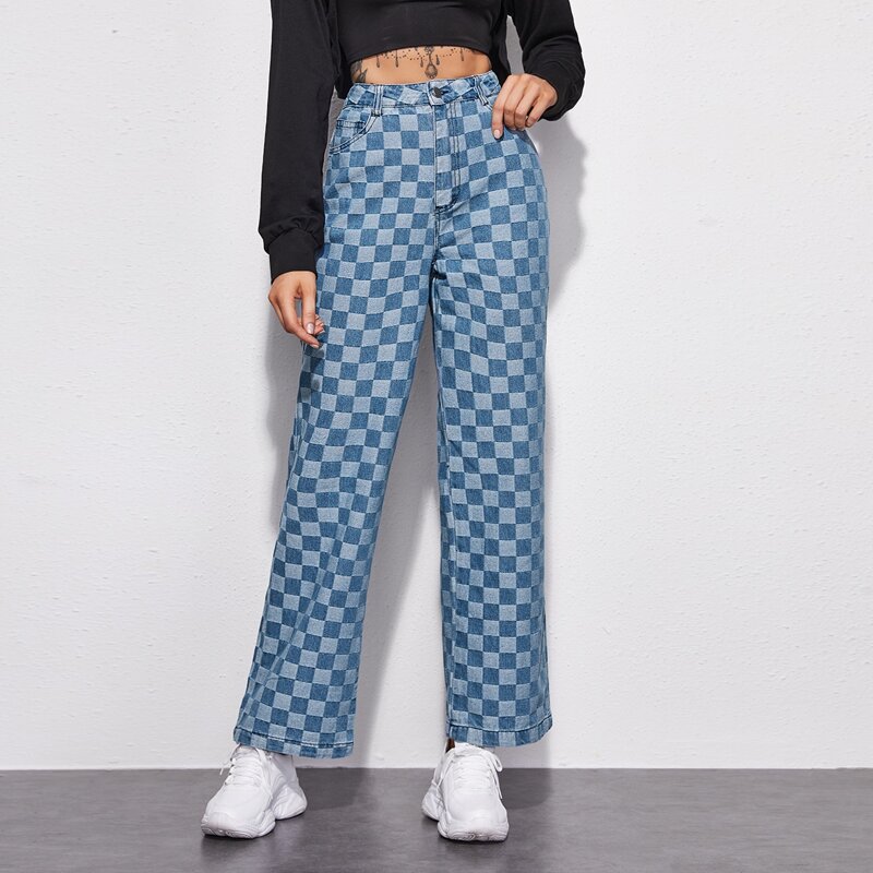 

Slant Pocket Checker Wide Leg Jeans, Medium wash