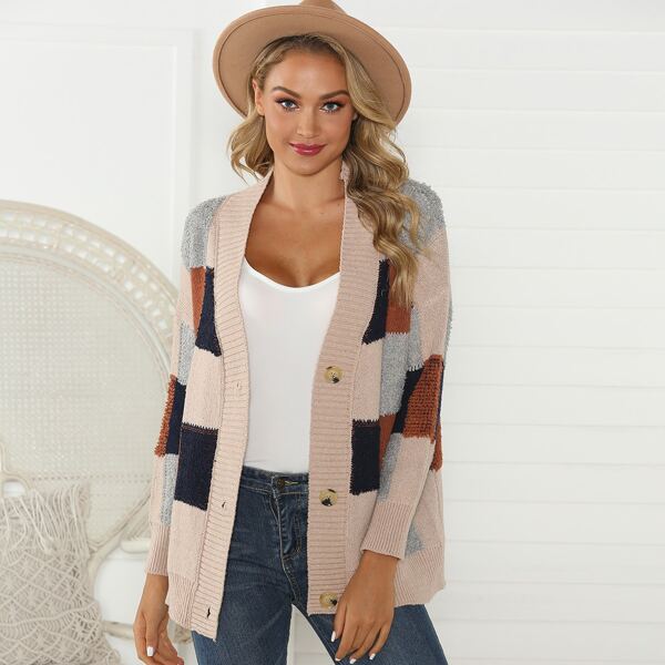 

Drop Shoulder Buttoned Front Colorblock Cardigan, Multicolor