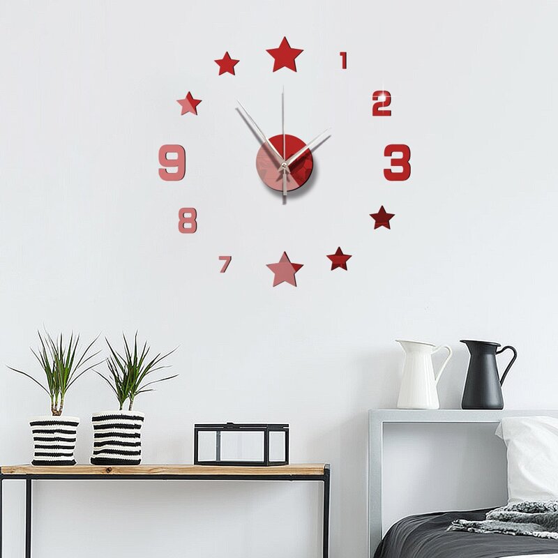

1set Mirror Surface Wall Clock, Red