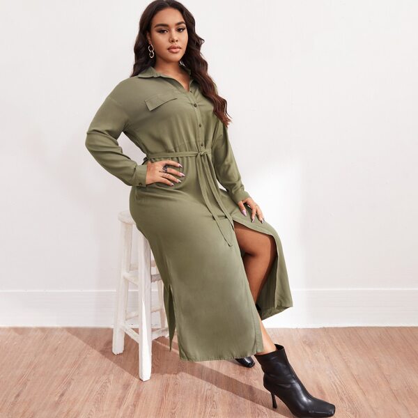 

Plus Button Front Split Hem Belted Shirt Dress, Army green