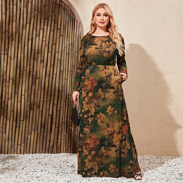 

Plus Landscape And Flower Print Dress, Multicolor