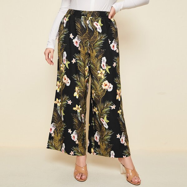 

Plus Floral And Tropical Print Wide Leg Pants, Multicolor